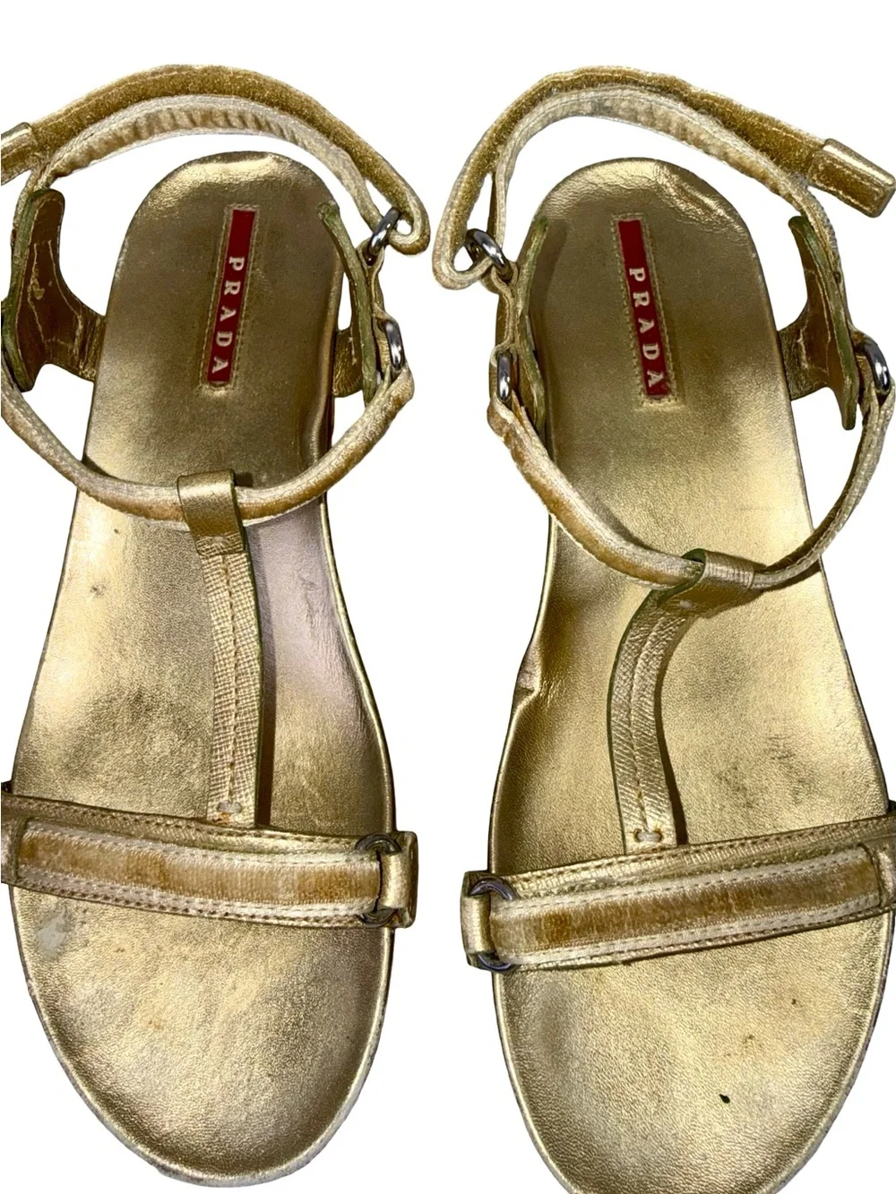 PRADA GOLD WEDGE SANDALS WITH CORK PLATFORMS